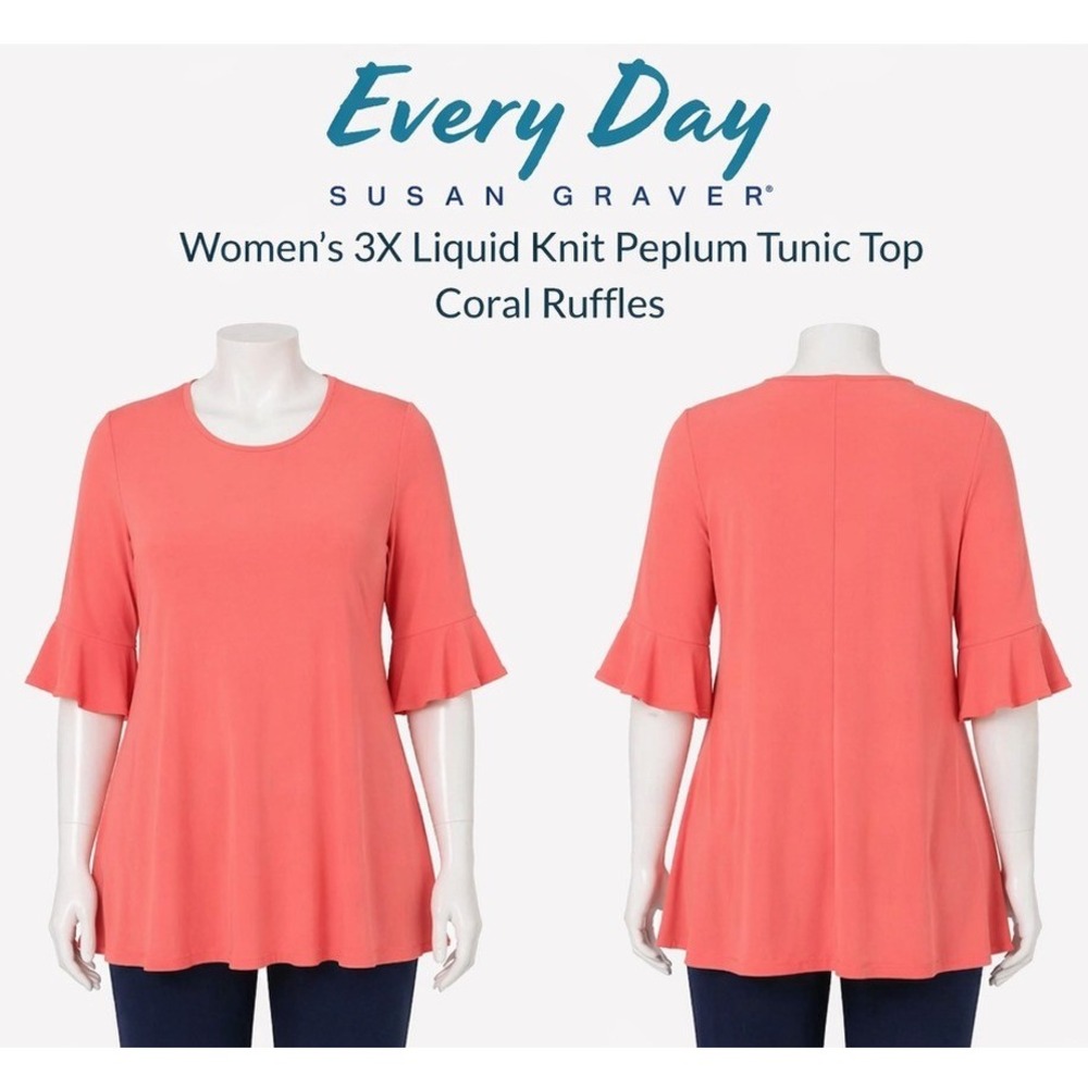 Susan Graver Every Day Liquid Knit Peplum Tunic Top Coral Ruffles 3X A350191